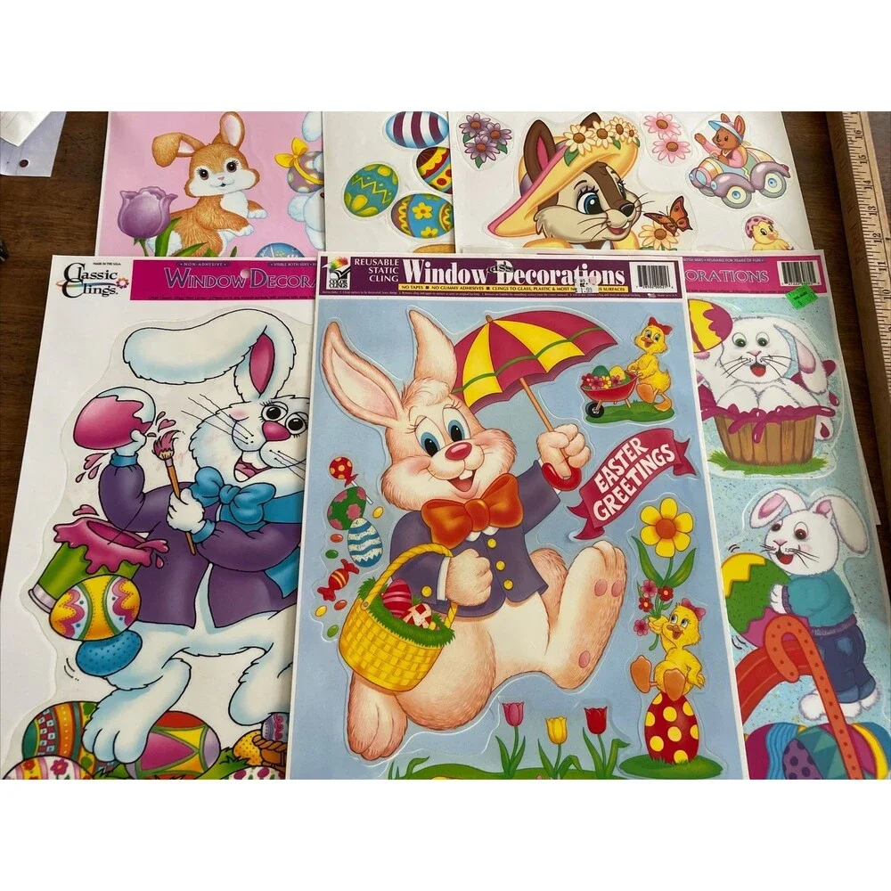 6 Easter Sprint Vinyl Window Clings Bunny Chipmunk Flowers Chick Egg Basket